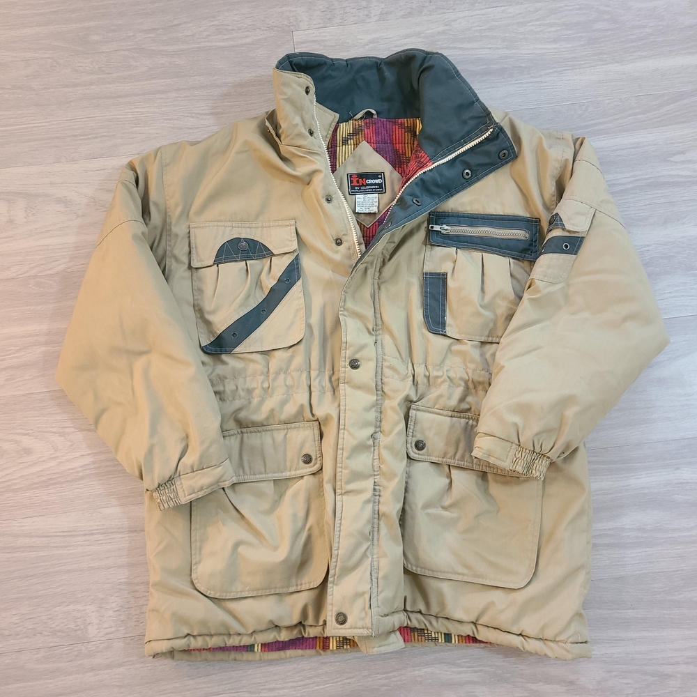 VTG In Crowd Mens Large Outdoor Field Utility Jacket Pockets Aztec Print Inner